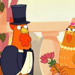 Ilustração de um galo e uma galinha vestidos para casamento; o galo usa fraque e cartola, enquanto a galinha veste véu com flores, colar de pérolas e segura um buquê cor-de-rosa.