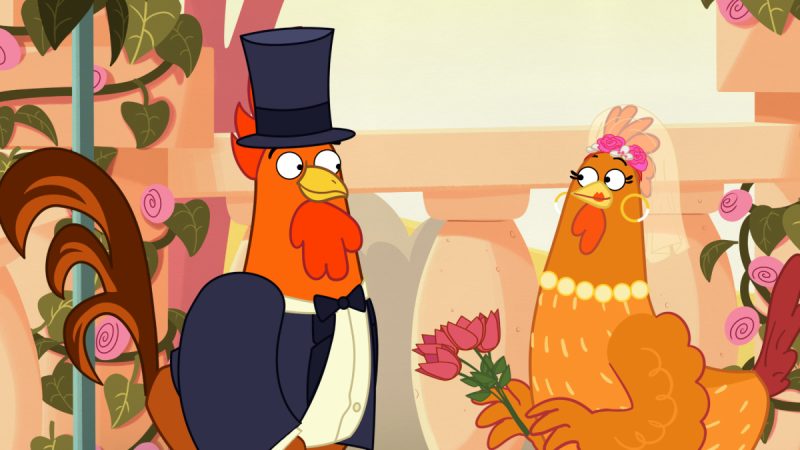 Ilustração de um galo e uma galinha vestidos para casamento; o galo usa fraque e cartola, enquanto a galinha veste véu com flores, colar de pérolas e segura um buquê cor-de-rosa.