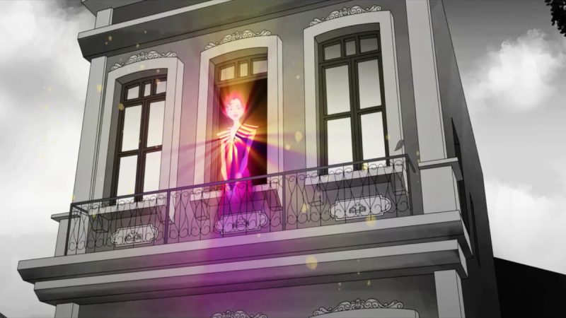 Animação mostra fachada cinza de prédio antigo, com figura luminosa em tons de rosa e dourado surgindo na janela.