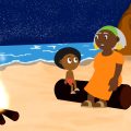 Ilustração mostra uma mulher de vestido laranja e lenço verde na cabeça sentada em um tronco na praia à noite, ao lado de uma criança de short vermelho, com uma fogueira acesa à frente e o mar ao fundo.