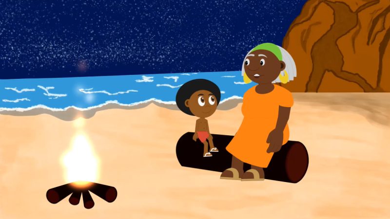 Ilustração mostra uma mulher de vestido laranja e lenço verde na cabeça sentada em um tronco na praia à noite, ao lado de uma criança de short vermelho, com uma fogueira acesa à frente e o mar ao fundo.