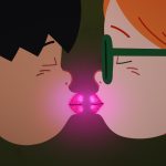 Ilustração mostra duas crianças de perfil se beijando, com lábios cor-de-rosa brilhantes iluminados ao centro. A criança à esquerda tem cabelo preto curto, e a da direita tem cabelo ruivo e usa óculos verdes.
