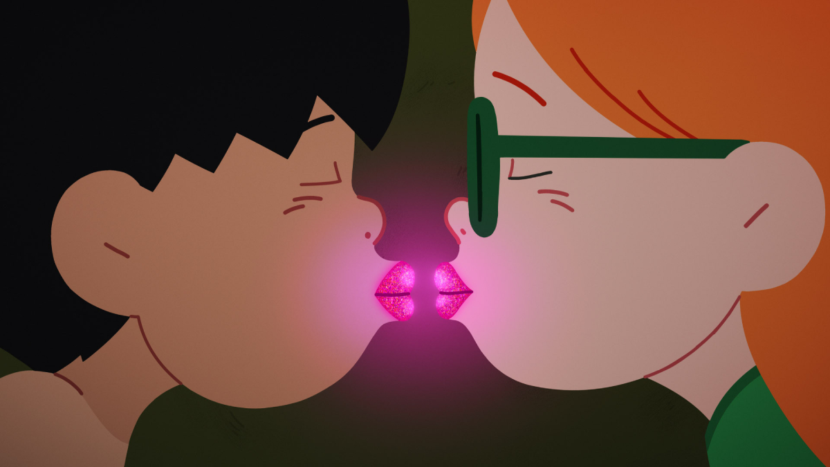 Ilustração mostra duas crianças de perfil se beijando, com lábios cor-de-rosa brilhantes iluminados ao centro. A criança à esquerda tem cabelo preto curto, e a da direita tem cabelo ruivo e usa óculos verdes.