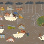 Ilustração colorida mostra casas simples sendo inundadas pela chuva, enquanto pessoas e animais aparecem em barcos de papel navegando pela enchente. Nuvens pretas despejam linhas de chuva e, ao fundo, uma grande árvore verde com frutos contrasta com o cenário cinzento.
