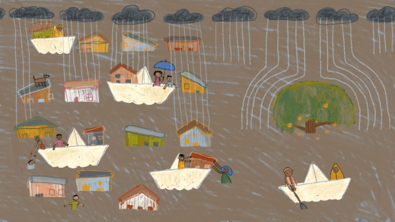 Ilustração colorida mostra casas simples sendo inundadas pela chuva, enquanto pessoas e animais aparecem em barcos de papel navegando pela enchente. Nuvens pretas despejam linhas de chuva e, ao fundo, uma grande árvore verde com frutos contrasta com o cenário cinzento.