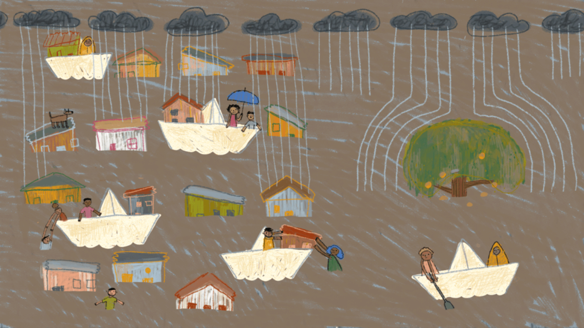 Ilustração colorida mostra casas simples sendo inundadas pela chuva, enquanto pessoas e animais aparecem em barcos de papel navegando pela enchente. Nuvens pretas despejam linhas de chuva e, ao fundo, uma grande árvore verde com frutos contrasta com o cenário cinzento.