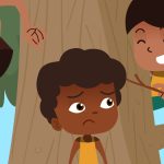 Ilustração mostra três crianças em uma árvore, duas sorrindo e brincando nos galhos enquanto a do centro, de expressão triste, permanece parada.