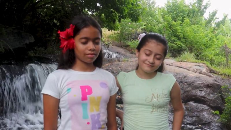 Duas meninas em frente a uma pequena cachoeira, uma com flor vermelha no cabelo e camiseta branca com a palavra “PINK”, outra com camiseta verde-clara estampada.