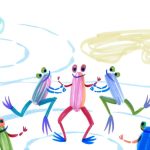 Ilustração colorida mostra cinco sapos estilizados sorridentes dançando em círculo, de mãos dadas, com fundo branco e formas azuis e amarelas sugerindo nuvens.