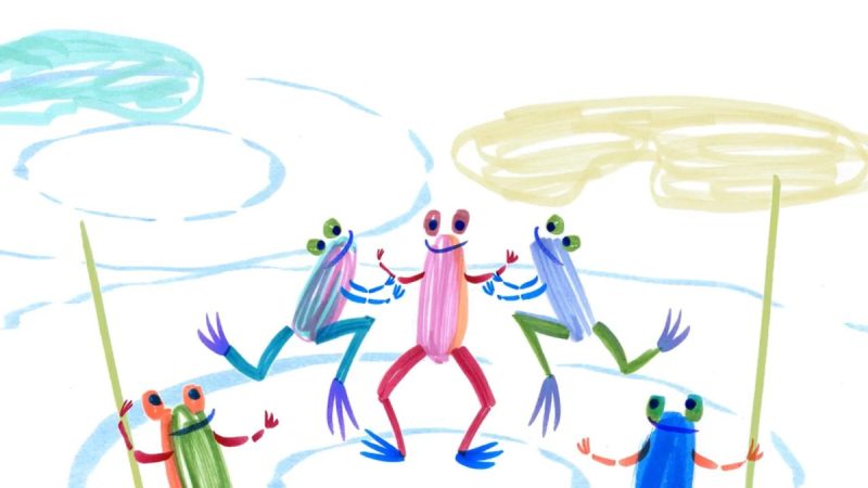 Ilustração colorida mostra cinco sapos estilizados sorridentes dançando em círculo, de mãos dadas, com fundo branco e formas azuis e amarelas sugerindo nuvens.