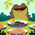 Ilustração mostra sapo sorridente diante de quatro pratos com diferentes insetos, vermes e cogumelos coloridos sobre uma mesa ao ar livre.