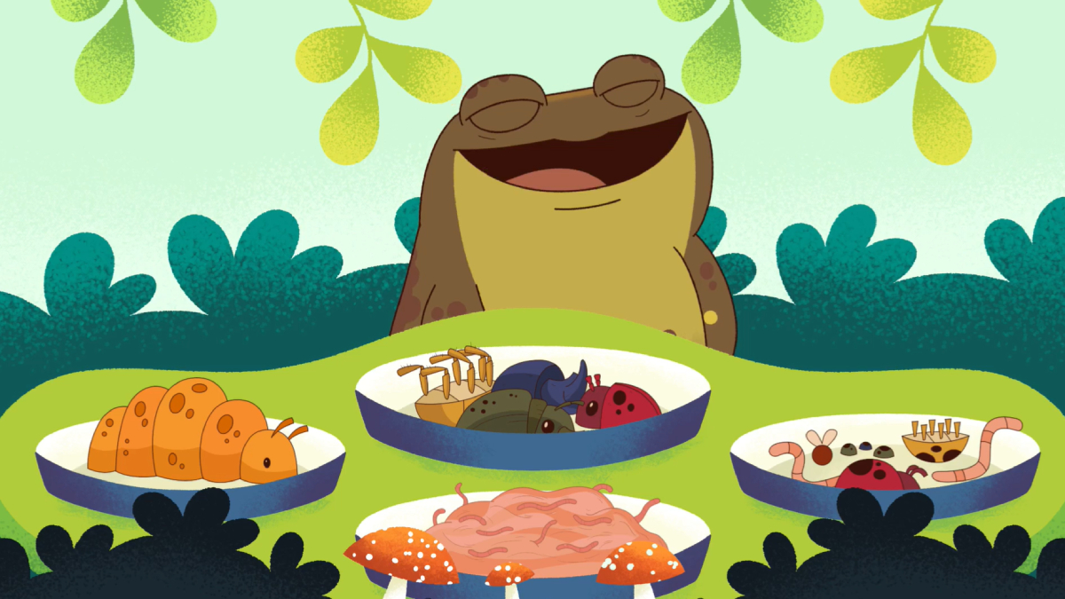 Ilustração mostra sapo sorridente diante de quatro pratos com diferentes insetos, vermes e cogumelos coloridos sobre uma mesa ao ar livre.