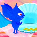 Ilustração colorida mostra um morcego azul de expressão alegre diante de uma concha aberta gigante. Dentro da concha, três folhas douradas brilham sobre um fundo azul, com paisagem em tons de rosa e laranja ao redor.