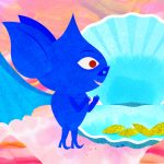 Ilustração colorida mostra um morcego azul de expressão alegre diante de uma concha aberta gigante. Dentro da concha, três folhas douradas brilham sobre um fundo azul, com paisagem em tons de rosa e laranja ao redor.