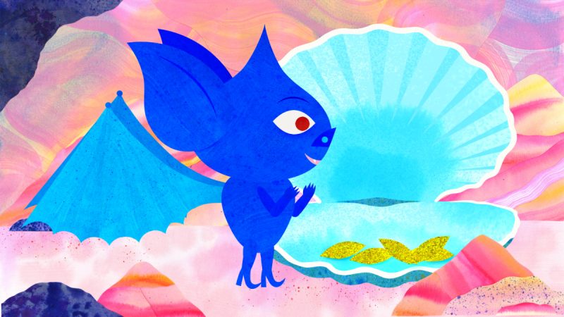 Ilustração colorida mostra um morcego azul de expressão alegre diante de uma concha aberta gigante. Dentro da concha, três folhas douradas brilham sobre um fundo azul, com paisagem em tons de rosa e laranja ao redor.