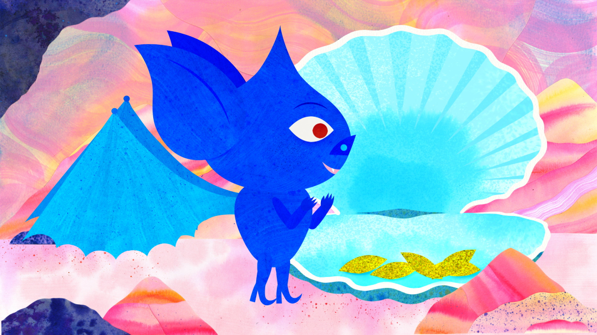 Ilustração colorida mostra um morcego azul de expressão alegre diante de uma concha aberta gigante. Dentro da concha, três folhas douradas brilham sobre um fundo azul, com paisagem em tons de rosa e laranja ao redor.