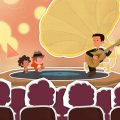 Ilustração mostra palco em forma de vitrola gigante, com cantor tocando violão e duas crianças sobre o “disco”, observados por plateia em cadeiras.