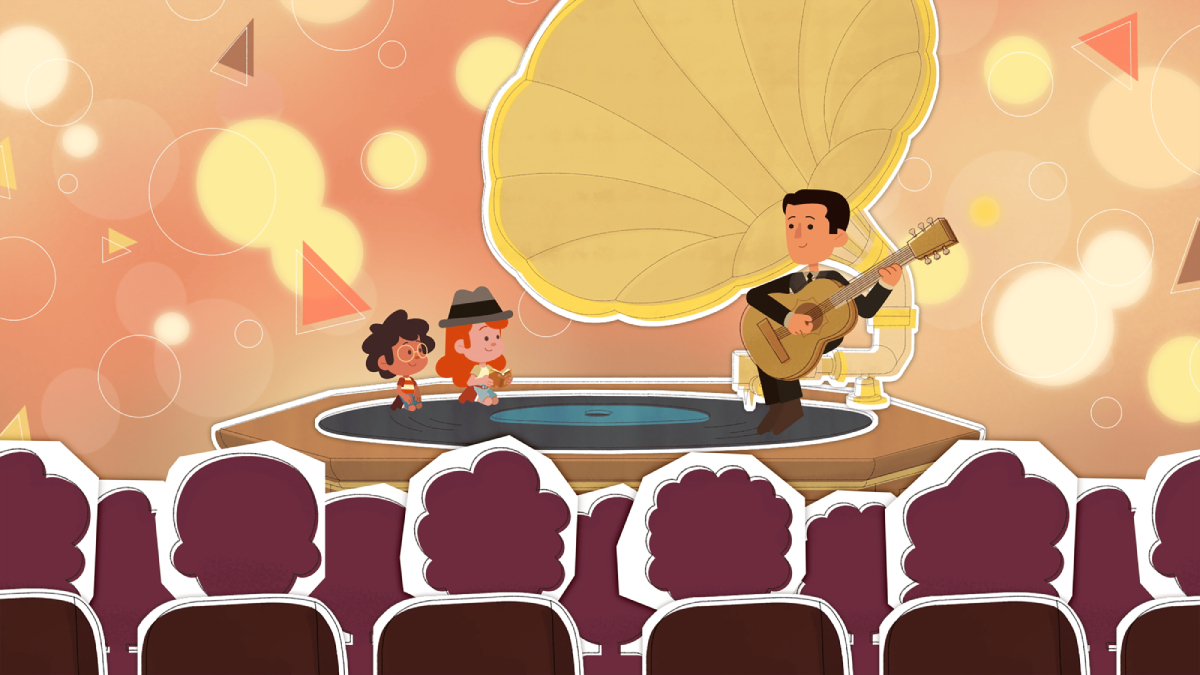 Ilustração mostra palco em forma de vitrola gigante, com cantor tocando violão e duas crianças sobre o “disco”, observados por plateia em cadeiras.