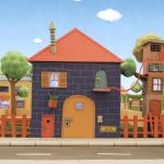 Maquete colorida de uma casa azul com telhado vermelho, porta amarela e anexo de madeira em árvore, em cenário urbano com árvores, prédios e céu azul com nuvens.