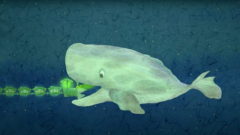 Ilustração mostra uma baleia branca no fundo do mar engolindo a locomotiva de um trem verde brilhante. Os vagões do trem, iluminados, exibem passageiros em seu interior enquanto seguem conectados dentro da cena subaquática.