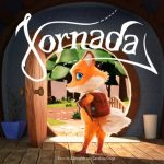 Raposa antropomórfica de mochila caminha para fora de uma casa com porta redonda aberta, sob o título “Jornada”.