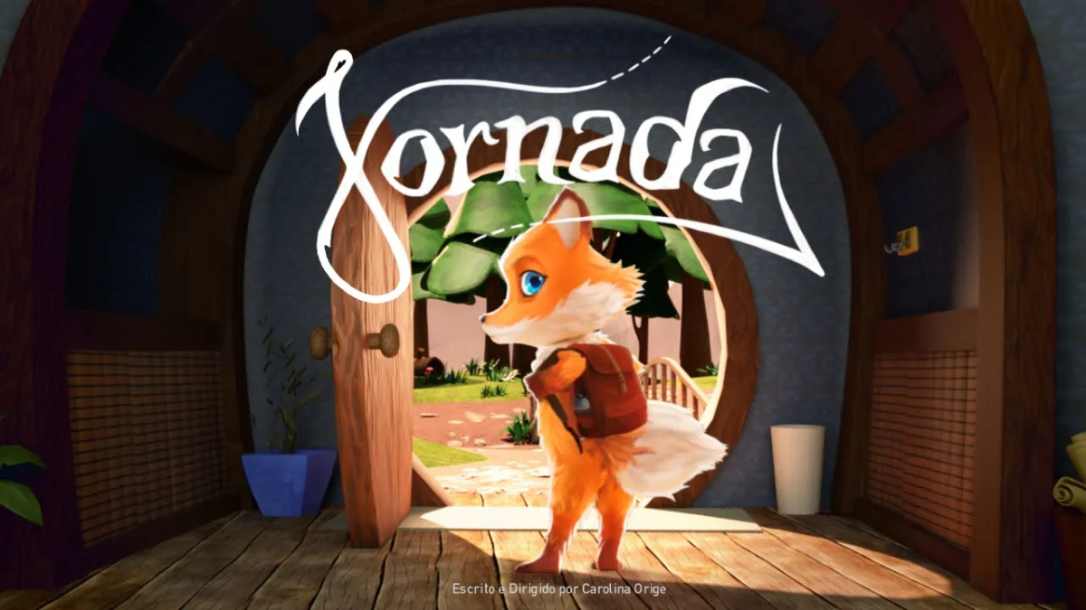 Raposa antropomórfica de mochila caminha para fora de uma casa com porta redonda aberta, sob o título “Jornada”.