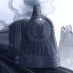 Ilustração em tons de cinza e azul mostra um trem a vapor número doze atravessando uma ponte alta, soltando fumaça espessa enquanto sai de um túnel, com montanhas enevoadas ao fundo.