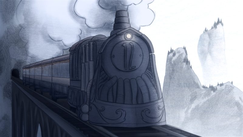 Ilustração em tons de cinza e azul mostra um trem a vapor número doze atravessando uma ponte alta, soltando fumaça espessa enquanto sai de um túnel, com montanhas enevoadas ao fundo.