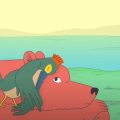 Ilustração mostra um urso vermelho deitado na grama, com expressão tranquila, enquanto um pássaro verde com crista alaranjada se apoia sobre sua cabeça. Ao fundo há um lago azul e colinas suaves sob um céu amarelo-claro.