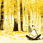 Ilustração em tons de amarelo mostra uma floresta de árvores altas, com uma pessoa sentada de pernas cruzadas ao lado de um pequeno cão. Ao fundo, algumas figuras humanas caminham entre as árvores, criando sensação de tranquilidade e contemplação.