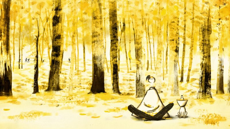 Ilustração em tons de amarelo mostra uma floresta de árvores altas, com uma pessoa sentada de pernas cruzadas ao lado de um pequeno cão. Ao fundo, algumas figuras humanas caminham entre as árvores, criando sensação de tranquilidade e contemplação.