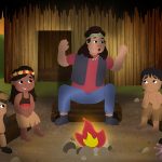 Ilustração mostra personagem contando histórias ao redor de uma fogueira para quatro crianças indígenas diante de uma oca, com intérprete de Libras no canto inferior direito.