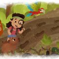 Ilustração mostra criança indígena com lupa seguindo pegadas na trilha, acompanhada por um orangotango, uma capivara e uma arara vermelha em meio à floresta.