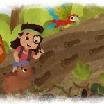 Ilustração mostra criança indígena com lupa seguindo pegadas na trilha, acompanhada por um orangotango, uma capivara e uma arara vermelha em meio à floresta.