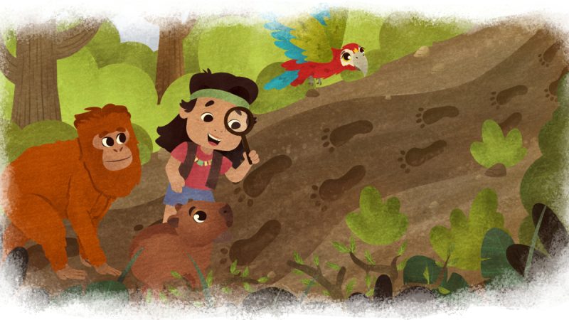 Ilustração mostra criança indígena com lupa seguindo pegadas na trilha, acompanhada por um orangotango, uma capivara e uma arara vermelha em meio à floresta.