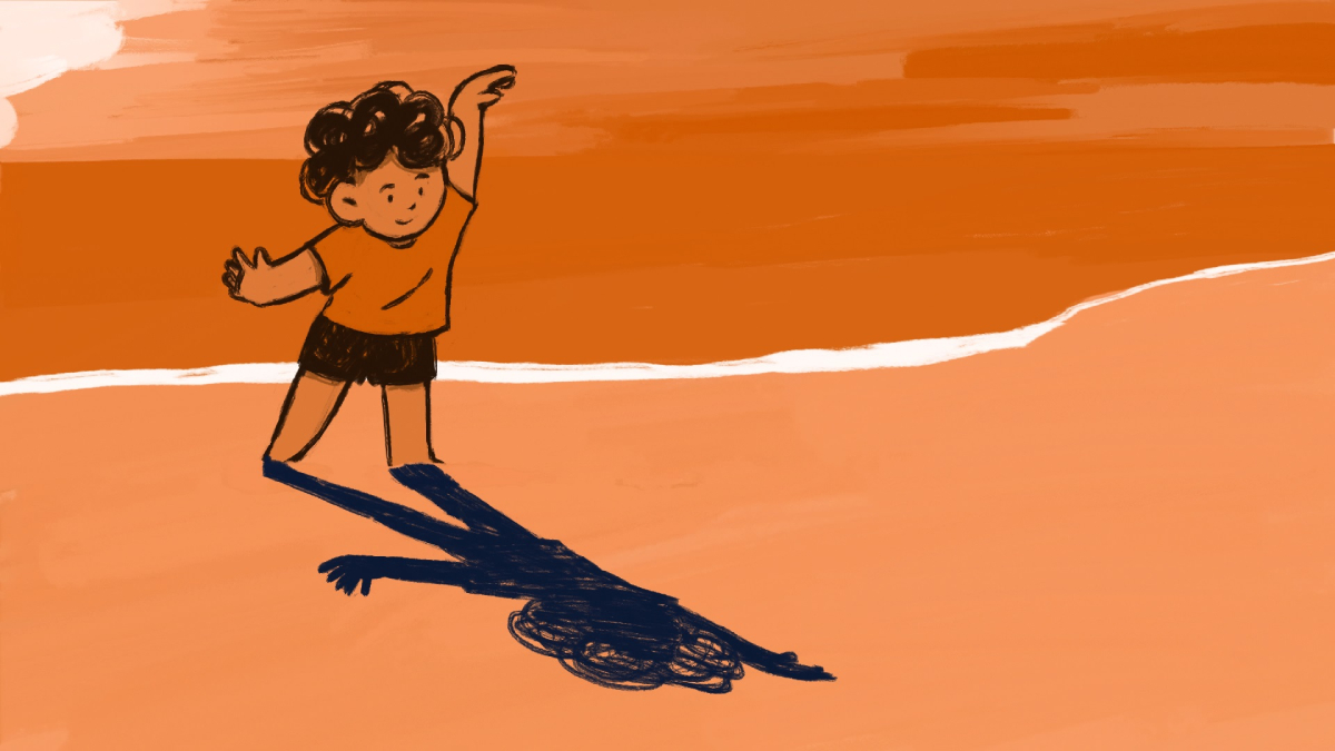 Ilustração mostra uma criança de cabelos cacheados, vestindo camiseta laranja e shorts pretos, levantando um braço em movimento de dança. À sua frente, a sombra azul projetada no chão assume forma diferente, lembrando uma figura deitada com braços estendidos.