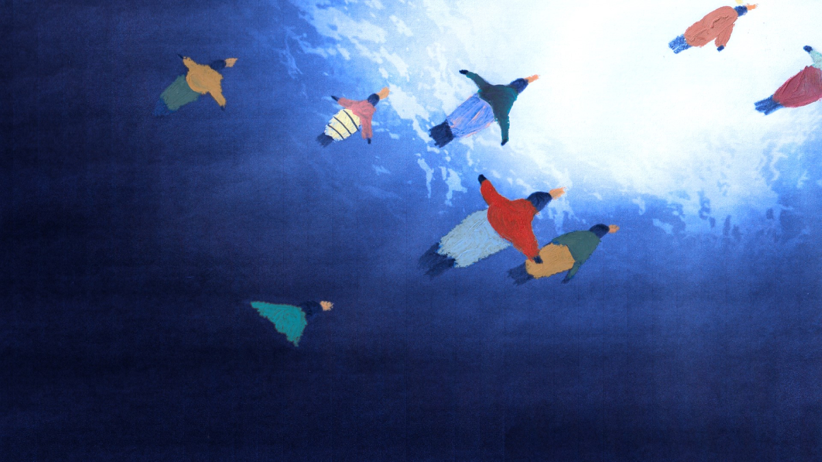 Ilustração em tons de azul mostra várias pessoas vistas de cima, flutuando ou nadando em direção a uma região clara no canto superior direito, como se fossem atraídas pela luz.