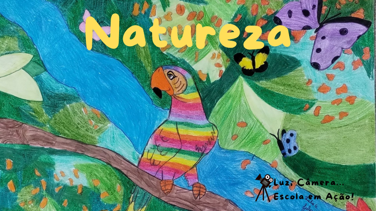 Desenho colorido mostra arara com penas em listras de arco-íris pousada em galho sobre rio azul, cercada por borboletas e folhagem, com a palavra “Natureza” em amarelo no topo.
