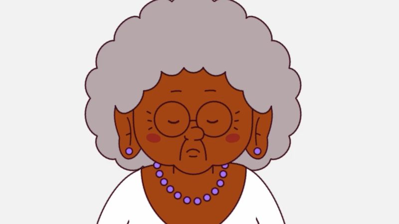 Ilustração de uma senhora idosa de cabelos grisalhos cacheados, usando óculos redondos, brincos e colar lilás, olhos fechados e expressão serena.