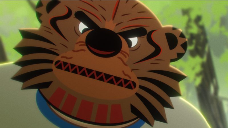 Ilustração em estilo de animação mostrando um personagem com máscara de tigre estilizada, de expressão feroz e olhos arregalados, em close-up com fundo desfocado de floresta.