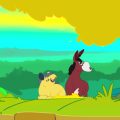 Cena colorida de animação mostrando dois personagens sob uma árvore: um tatu amarelo sorridente usando boné e um burrinho marrom sentado ao lado, ambos olhando para cima contra um céu em tons de azul, verde e amarelo vibrantes.