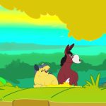 Cena colorida de animação mostrando dois personagens sob uma árvore: um tatu amarelo sorridente usando boné e um burrinho marrom sentado ao lado, ambos olhando para cima contra um céu em tons de azul, verde e amarelo vibrantes.