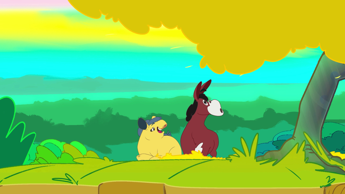 Cena colorida de animação mostrando dois personagens sob uma árvore: um tatu amarelo sorridente usando boné e um burrinho marrom sentado ao lado, ambos olhando para cima contra um céu em tons de azul, verde e amarelo vibrantes.