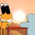 Dois personagens animados, uma raposa laranja com cachecol verde e uma figura azul, observam o pôr do sol de um mirante com palmeiras ao fundo.