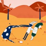 Ilustração colorida mostra uma cena em um deserto laranja com montanhas ao fundo. Um personagem branco de pernas longas está sendo puxado para dentro de um túnel por uma criatura azul com manchas brancas, enquanto outro personagem de cabelo verde tenta segurá-lo para impedir que seja engolido.