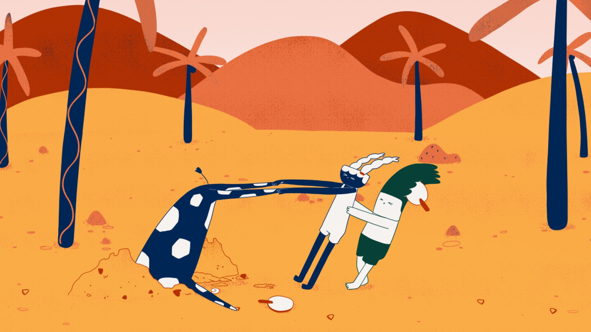 Ilustração colorida mostra uma cena em um deserto laranja com montanhas ao fundo. Um personagem branco de pernas longas está sendo puxado para dentro de um túnel por uma criatura azul com manchas brancas, enquanto outro personagem de cabelo verde tenta segurá-lo para impedir que seja engolido.