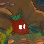 Animação mostra uma folha marrom com olhos e expressão curiosa, deitada no chão com uma pequena folha verde na cabeça, em meio a pedras, galhos e vegetação rasteira.