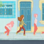 Ilustração mostra uma jovem de cabelos castanhos caminhando em uma calçada colorida, cercada por cinco versões de si mesma em tons rosados, cada uma em diferentes poses de movimento, como se representassem etapas ou múltiplas facetas de sua identidade.