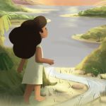 Ilustração mostra uma menina de vestido branco e cabelos longos observando um rio que corre em direção ao horizonte, cercado por vegetação verde e montanhas iluminadas pelo pôr do sol.