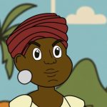 Ilustração de uma mulher negra com expressão firme, usando turbante vermelho e brinco redondo branco, em frente a um cenário com montanhas, nuvens e uma palmeira.